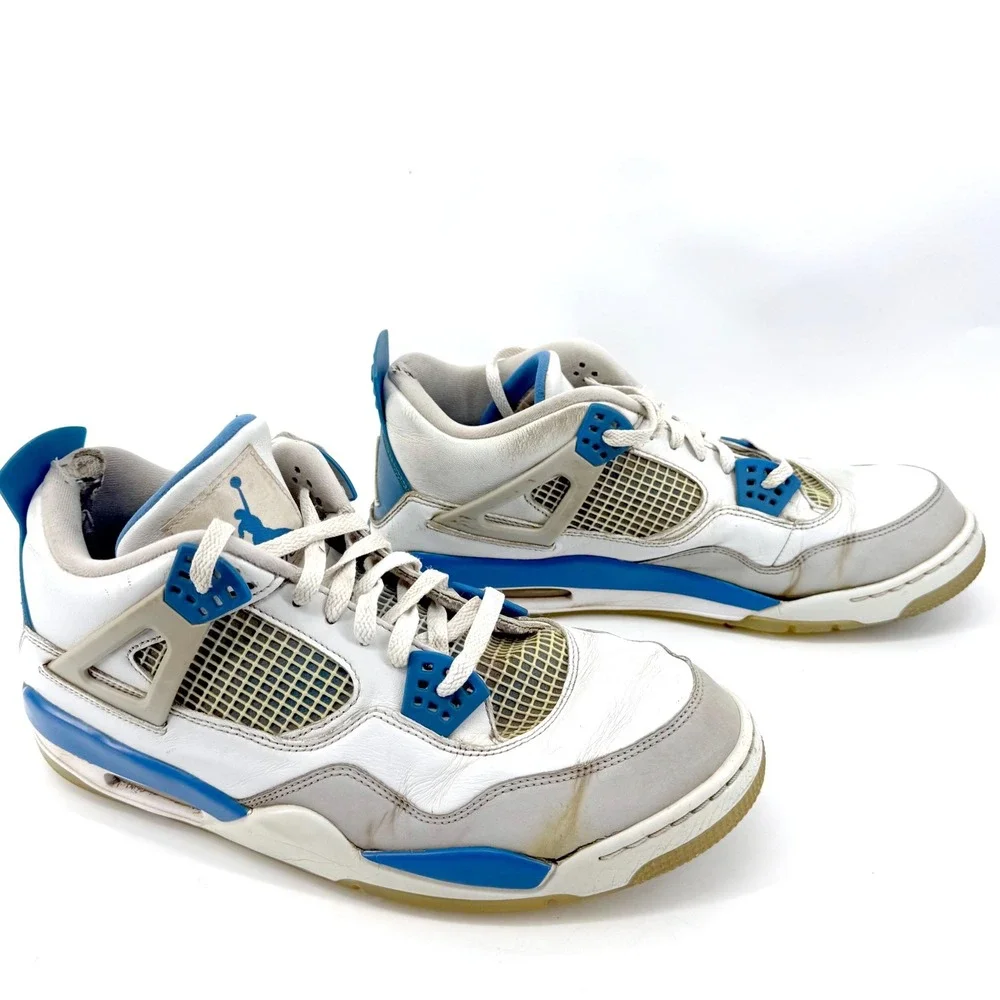 Jordan Air Jordan 4 Retro Mens 13 White Blue Military Blue Leather Golf Gum Sole